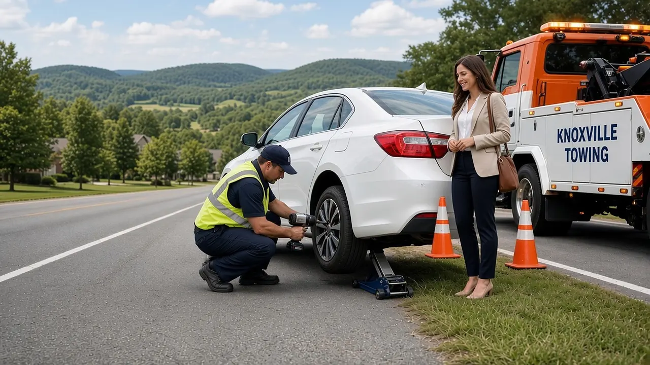 A woman and a man change a tire on a silver sedan along a Knoxville shoulder, with a yellow service truck parked behind them