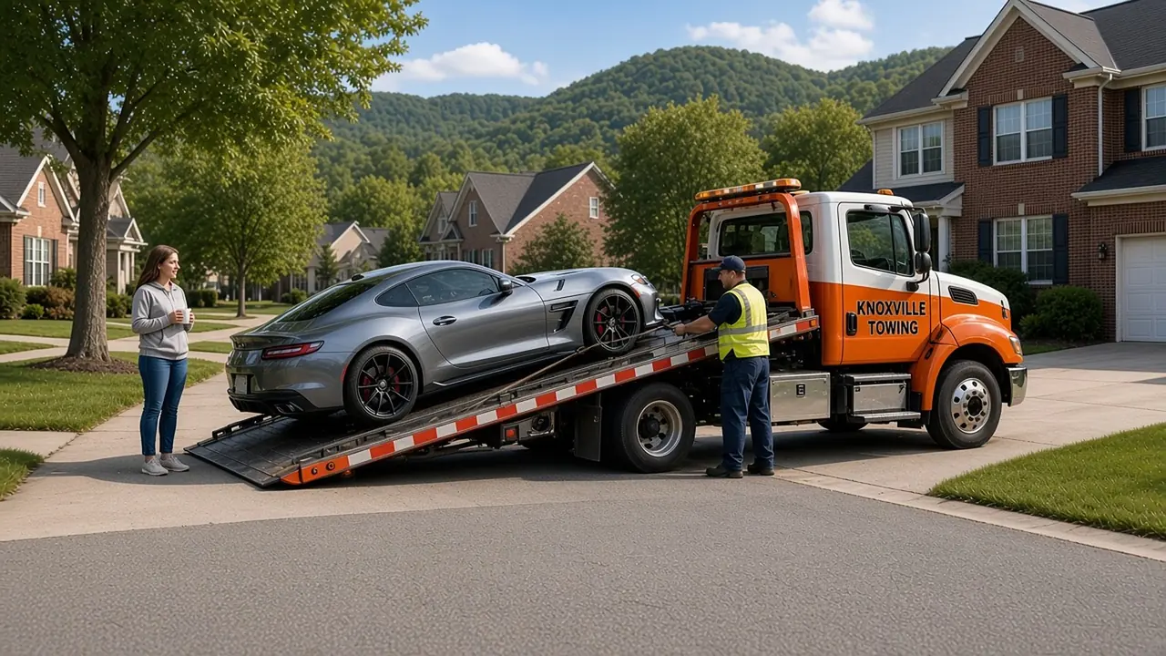 A silver sedan rides on the bed of a yellow-and-black flatbed in Knoxville while a woman in a blue jacket and a man stand alongside