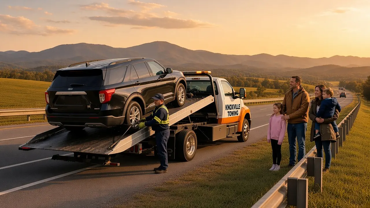 Knoxville roadside: a woman in a blue jacket and a man in a dark shirt stand beside a silver sedan while a yellow-and-black tow truck waits behind them