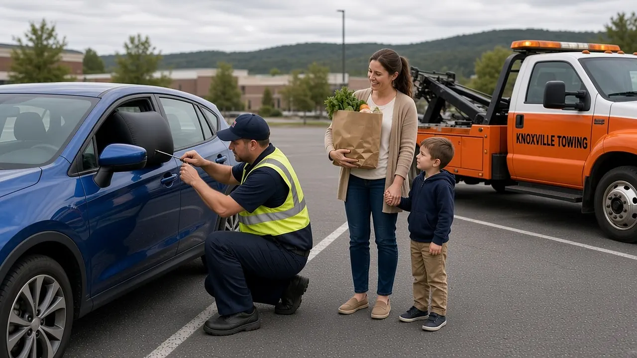 A woman in a blue jacket and a man stand at the door of a silver sedan in Knoxville, with a yellow service truck parked behind them